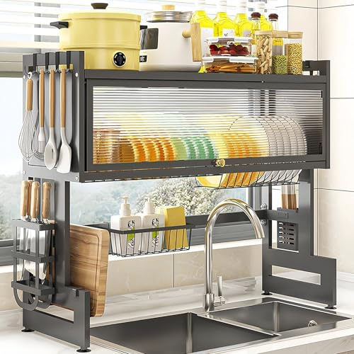 WUDLEP 3-Tier Over-the-Sink Dish Drying Rack, 85 cm Expandable Kitchen Storage Shelf with Utensil Holder & Drain Board, Space-Saving Countertop Organizer, for Dishes, Glasses, Bowls & Cutlery, Black