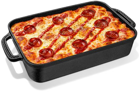 Lvmol Cast Iron Detroit Pizza Pan - 9x13 Inch Pre-Seasoned Deep Baking Dish for Casserole, Focaccia, Lasagna