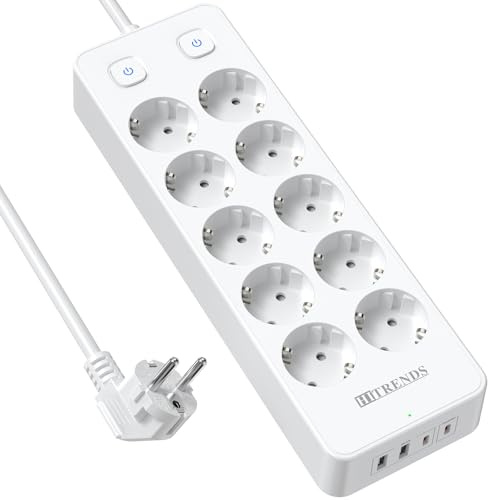 KEAGAR Steckdosenleiste Mit USB, 10Fach Mehrfachsteckdose Mit 2 Schalter 2 USB-A Und 2 USB-C (PD20W), 3840W/16A, 2M Steckdosenleiste Wandmontage, für Haus, Schule, Büro, Weiß