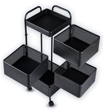 FEFE 4/5 Tier Square Movable And Detachable Metal Rolling Trolley Cart Basket Shelf With Wheels – Kitchen Ideal Storage Rack For Vegetable, Fruit, Pantry, Bathroom – Black (4 - Tier)