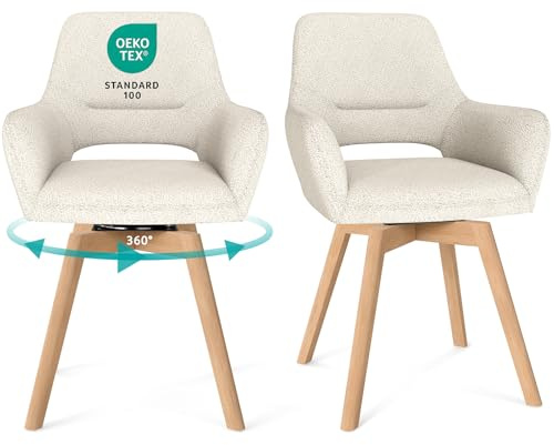 WAFTING 360° Esszimmerstühle Drehbar 2er Set mit Armlehnen, Buchenbeinen | Polsterstühle, Drehstuhl Esszimmer, Küchenstuhl Drehbar, für Wohnzimmer, Schlafzimmer, Arbeitszimmer, Empfangszimmer, Beige