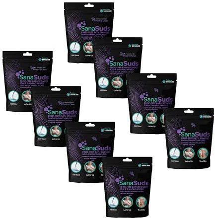 SanaSuds Rinse-Free Bath Sponges, Fresh & Clean – Soap & Shampoo Infused, No-Rinse Body Wipes for Sensitive Skin – Post-Surgery, Travel, Gym or Elder Care – 25ct - 8 Pack