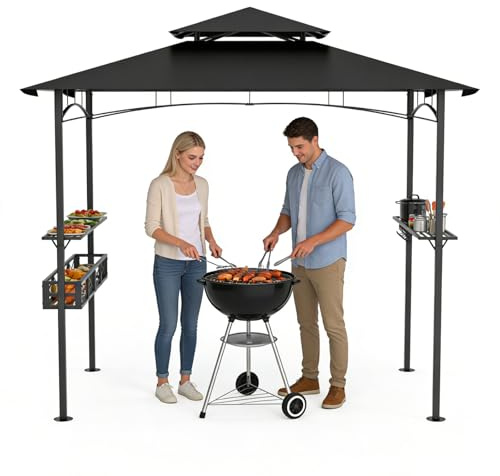 Ferzone Tonnelle de barbecue 245 x 153 x 250 cm, abri de barbecue résistant aux intempéries, avec double toit, étagères latérales et crochets, auvent de barbecue résistant à l'hiver, tonnelle pour