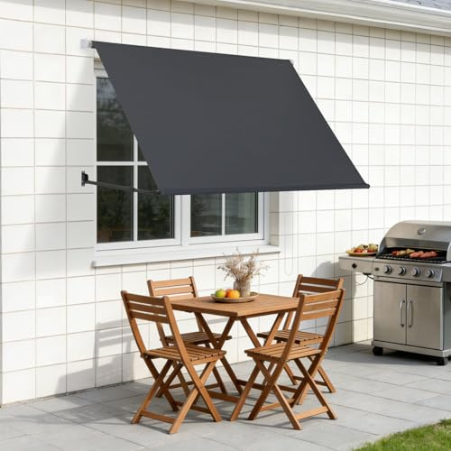 Jaxguom Markise Fallarmmarkise einziehbar 150x150cm, Stützarm 70-120cm verstellbar, 2m Perlenkette, Wandmontage, Sonnenschutz & Windschutz für Balkon Terrasse Garten, Dunkelgrau