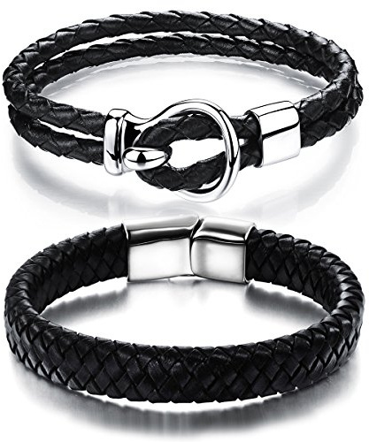 Aroncent 2er Herren Armband Schwarz Lederarmband Vintage Armreif Leder Wickelarmband Partnerarmbänder Edelstahl Armband Geflochtenes Armkette für Herren, Schwarz, Silber