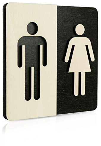 Plaque de WC - Bois - Avec pictogramme femme et homme, Bois, multicolore, 14 x 14 cm