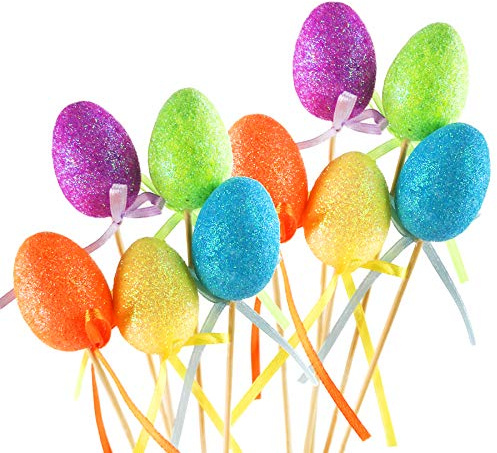 Bstaofy 20pcs Glitter Easter Egg Plant Picks Foam Crafts Wooden Stake Decoration Cake Topper Sticks Garden Ornament, Assorted Colors