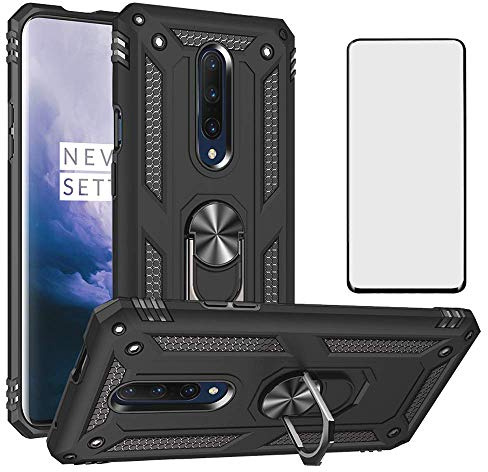 Asuwish Funda para OnePlus 7 Pro con Cristal Templado Protector Pantalla Vidrio Pelicula Protectora Magnética Anillo Soporte TPU Silicona 7Pro GM1913 Móvil Tapa Carcasa Capa Case Hombre Mujer Negro