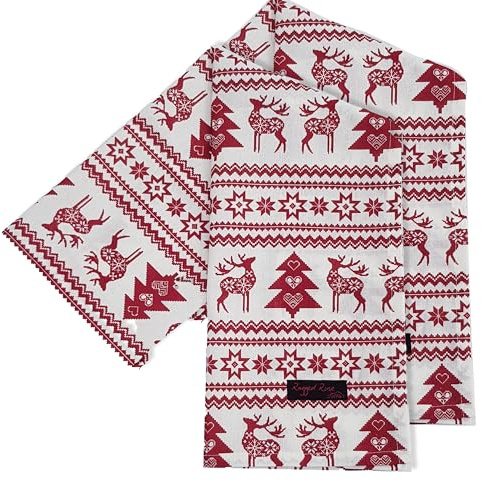 Ragged Rose Tea Towels for Kitchen - 50 cm x 70 cm Pair of Kitchen Cloths for Drying Dishes, Wiping Countertops, & Handling Pots - Machine Washable & Durable - Red Christmas Nordic, Pack of 2