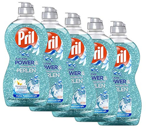 Pril Anti-Fett Power & mineralische Perlen, Meeresfrische & Lotusblüte, Spülmittel, 5er Pack (5 x 450 ml)