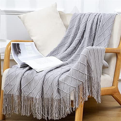 OliveSleep Gestrickte Überwurfdecke mit Fransen, leicht, weich, warm (Silber-Grau, 130 x 203 cm)