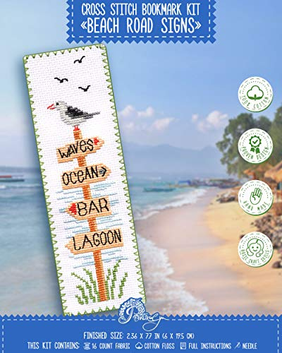 Strandschilder Kreuzstich-Lesezeichen – Küstenholzschilder Stickset mit Papiermuster, Aida-Stoff mit 16-fädigem Aida-Stoff und vorsortiertem Zahnseide