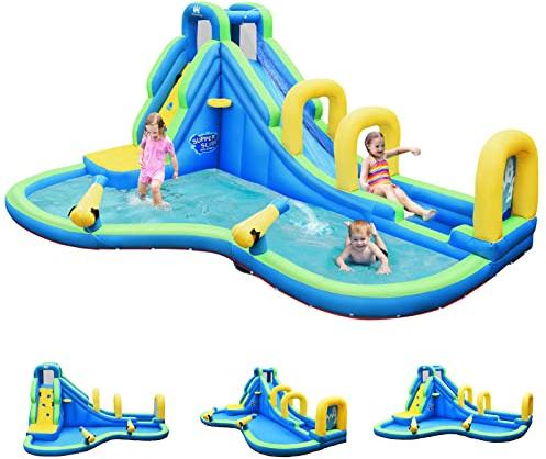 GOPLUS Château Gonflable en Tissu d’Oxford avec Toboggan et Pistolet à Eau,Aire de Jeux Aquatique avec Divertissements Multiples, Idéal pour Enfants 3-10Ans (sans Souffleur)