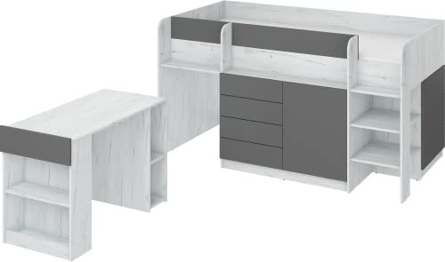 FurnitureByJDM Hochbett mit Schreibtisch, Schubladen & Bücherregal | Platzsparendes Kinderbett 90x200 cm Matratzengröße – Rechtsseitige Treppe – SMILE (Craft Weiß/Graphit)