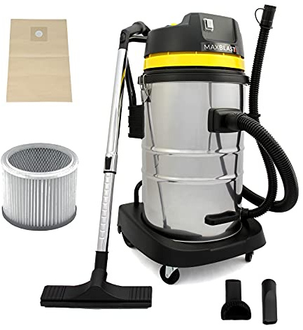Aspiradora Industrial en Seco y Húmedo+4 Accesorios, (1400W, 50 litros / 50l) Filtro Doble (Tela & HEPA) Aspirador con Bolsa de Polvo Gratis Aspirar Seco Liquido Mojado Powerful Wet+Dry Vacuum Cleaner