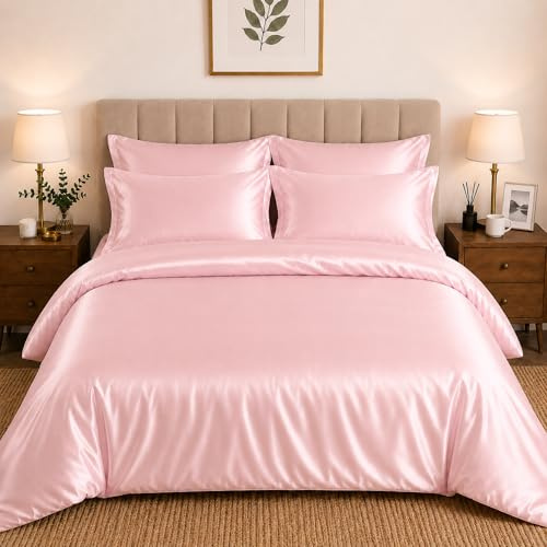 CHARKHAH Satin Silk 6 Piece Complete Bedding Set Durable Silky Fabric with Single Double King Size Bed Fitted Sheet Duvet Cover Comforter and 4 Pillow Cases (Double, Pink)