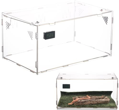 PetierWeit Acryl Terrarium mit Temperatur Hygrometer, Großes Transparent Reptile Fütterungsbox, Tragbarer Reptilien-Zuchtbox für Schnecken, Spinnen, Gecko, Chamäleon (39 x 25 x 19 cm)