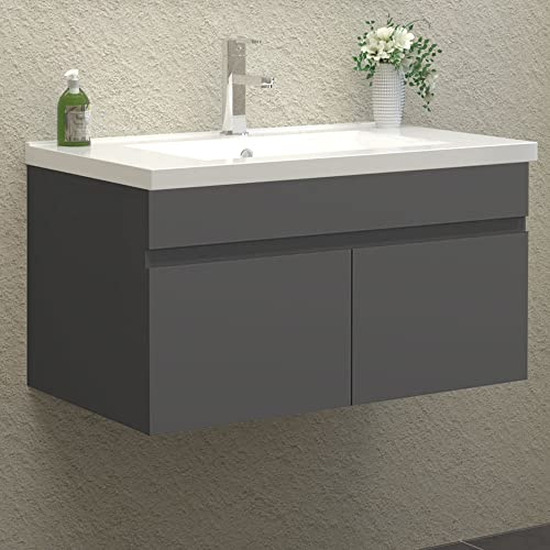 HAPAOSO Bad Unterschrank Waschbecken Grau Matt 80cm Breit Waschbecken Unterschrank mit 2 Soft-Close Türe Hängend