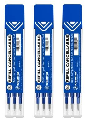 OSAMA - Ricarica Penne Cancellabili per Scuola Elementare, Medie, Superiori, Kit 9 Pezzi a Sfera, 0.7 mm - Refill per Penne Gel Compatibile con Frixion Ball - Ricariche per Penna Cancellabile, Blu