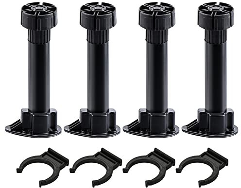 Set of 4 Furniture Feet Adjustable Cabinet Legs, Black Plastic Plinth Levelling Foot Stable Leg, for Kitchen Bathroom Cupboard Kick Board Clips (10cm/3.94in,Small Card)