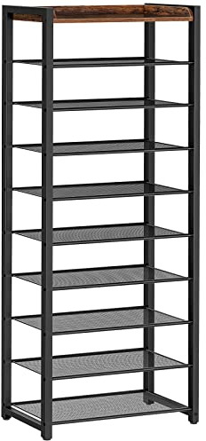 HOOBRO Schuhregal mit 10 Ebenen, Schmale Schuhablage, Schuhschrank, für 18-25 Paar Schuhe, Platzsparend, für Eingang, Flur, Wohnzimmer, Dunkelbraun-Schwarz EBF40XJ01
