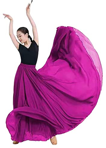 COTCLO Falda Larga de Baile Plisada para Mujer, Verano, Color Sólido, Cintura Alta, Gasa, Grande Con Vuelo, Fucsia, 48