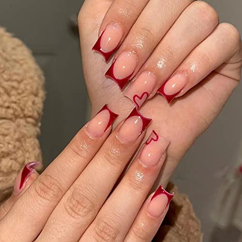 Ceboic 24 Pcs Valentine's Day French Tip False Nails Short, Square Press on Nails Ballet Glossy Fake Nails with Designs, Removable Acrylic Full Cover Stick on Nail for Women and Girls (Red Heart)