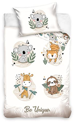 Parure de lit pour enfants, 100 x 135 cm, 40 x 60 cm, en 100 % coton avec animaux du zoo, literie pour filles et garçons, parure de lit pour bébé (animaux)