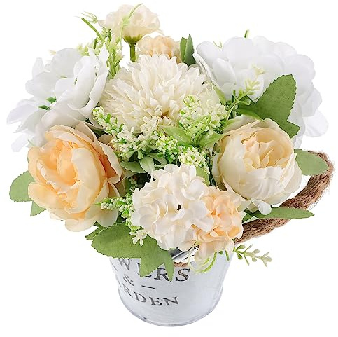HOMSFOU Fiori Artificiali in Cestino di Metallo Decorazione da Tavolo Fiori Finti Bouquet di Simulati per Centrotavola e Ornamenti di Casa