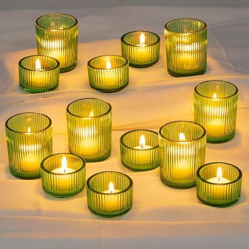 Glasseam Grönt värmeljusglas små, set med 24 ljushållare glas, vintage ljusglas värmeljusglas, räfflad värmeljushållare jul för bröllop, värmeljus glas för halloween födelsedag bordsdekoration