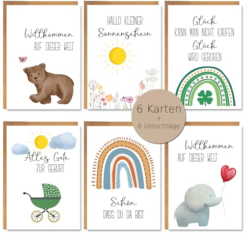 Schildbürger Glückwunschkarten zur Geburt Hochglanz mit Umschlägen Grußkarten fürs Baby Junge und Mädchen (6er Set)