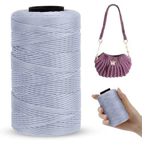 LEREATI Polyester Garn 1mm x 230m Makramee Garn 1mm Baumwollgarn Macrame Cord Polyester-Seil Baumwollkordel für Handtasche, Umhängetasche, Häkeltasche, Strickwaren (Silber-Grau)