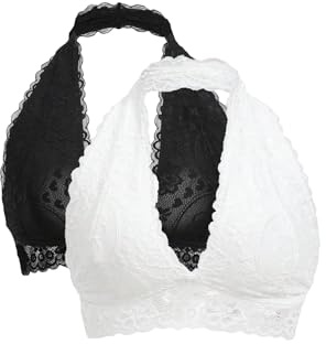 SOLY HUX Women's 2 Piece Halter Lace Bralette Bra Black and White XL