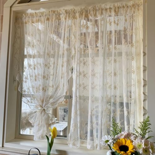 Yaland Landhausstil Scheibengardinen mit Stickerei Blumen Muster transparente Gardinen mit gebogten Abschluss Kurzstore 1 Stück Beige HxB 150x130cm