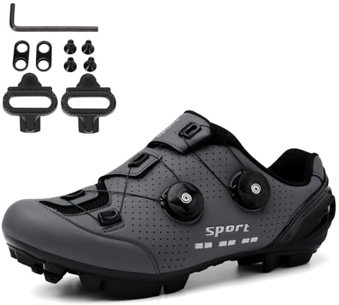 NGARY Herren MTB Schuhe Damen, Fahrradschuhe Mountainbike Schuhe kompatibel mit SPD 2 Schrauben mit Cleats, Rennrad Schuhe Entsperren Schuhe Unisex,Grau,38 EU