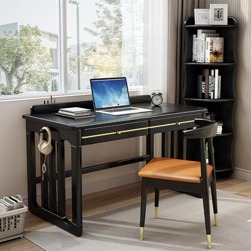 Computertisch aus Massivholz mit 2 Schubladen und Haken, moderner Home-Office-Schreibtisch für kleine Räume, Arbeit, Schreiben, Arbeitszimmer, PC-Tisch, Arbeitsplatz