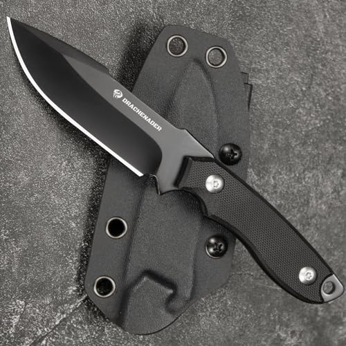 DRACHENADER Couteau à lame fixe EDC en acier D2 de 17,8 cm, transport polyvalent avec gaine Kydex et manche G10 (C- Black Balde + poignée noire)