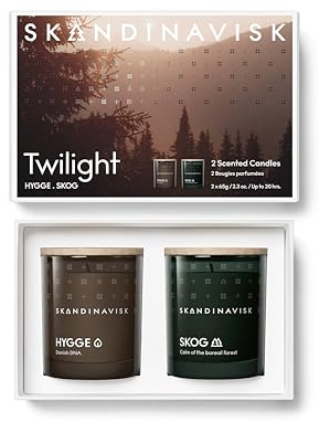 Skandinavisk Twilight Coffret cadeau de 2 bougies parfumées Skog « Forest » et Hygge « Cosiness », formule végétalienne, 2 x 65 g