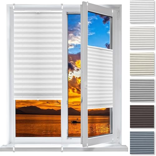 Plisseerollo Faltrollo Plissee Ohne Bohren 64 x 120 cm, Nach Maß Qualität Ohne Bohren, Plissee Klemmfix Plisseerollo Ohne Bohren, Thermo Plissee Ohne Bohren, für Fenster & Tür, Weiß