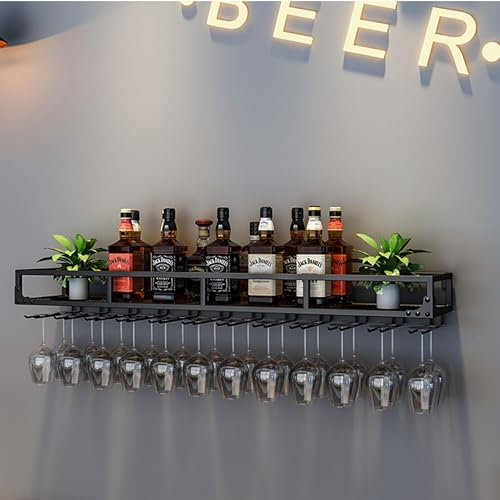 Scaffale per vino Mensole da bar fissate al muro con supporto per bicchiere di vino LRipiano per liquori Mini bar Ripiani in vetro Armadietto da bar a muro Portabicchieri per vino Bar Ripiano per bott