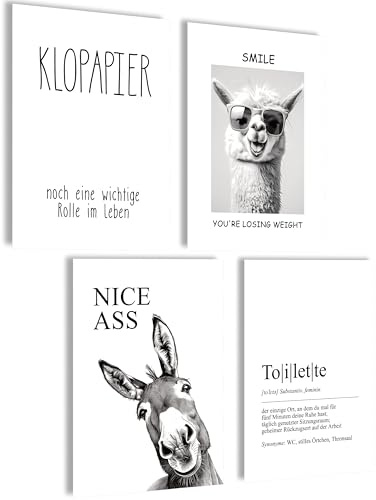 mojoliving Witzige Poster Set 4er Set Wandbilder WC Sprüche Lama Esel Toilette Humor A4 Kunstdrucke schwarz weiß Badezimmer Gäste WC Deko Geschenkidee