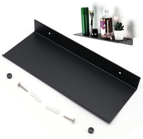 OVBOVA Floating Wall Shelf - Black, Bathroom Wall Mounted, Space Saver Storage with Screws, Heavy Duty Metal Shelf