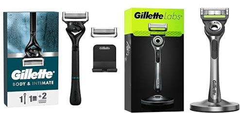 Gillette Intimrasierer Set: Nassrasierer für den Intimbereich + 2 Rasierklingen + Gillette Labs Nassrasierer Herren + 1 Rasierklinge, Geschenk für Männer, Premium-Magnetdock