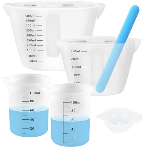 Juego de 6 vasos medidores de silicona para resina epoxi, vasos de silicona de 500 ml/250 ml/100 ml/15 ml, jarras medidoras con 1 agitador de silicona para resina epoxi, bricolaje, manualidades,