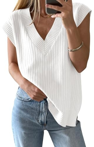 Saodimallsu Damen V-Ausschnitt Pullover Weste Oversized Ärmellos Tank Tops Leichtgewicht Strickpullover Sommer Elegante Oberteil Weiß Mittel
