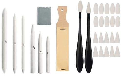 VZU 30 Papierwischer Set, Verblender Stift, Blending Stump, 20 Ersatzköpfer, Bleistiftspitzer aus Sandpapier, Knetradiergummi, Tortillons und Mischstumpen