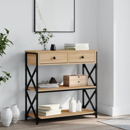 Makastle Table Console Style Industriel Table d'Appoint avec 2 tiroirs et 2 étagères, Table d'entrée, Table d'exposition, pour Salon Entrée Couloir, Cadre en Métal, chêne Sonoma 75x28x75 cm