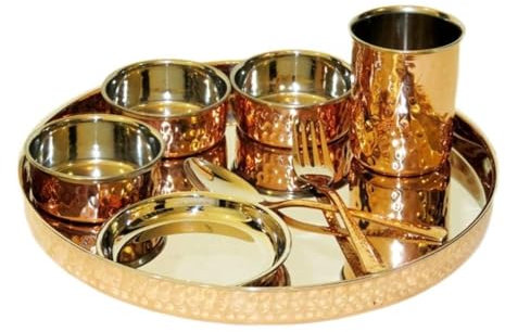 Lalit Kishori jewellary hub Traditional Indian Hammered Copper Steel Dinnerware | Thali Set (Including Thali Plate, Bowls, Glass, and Spoon) for Home Hotel and Restaurant (Copper, 13 inch 08 Pcs)