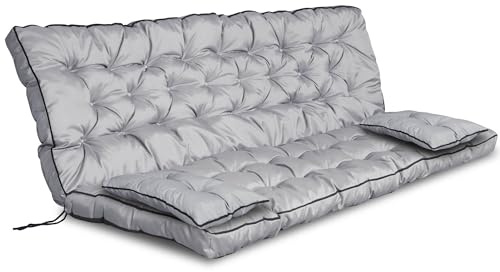 EDANTI Coussins d'assise pour balancelle hollywoodienne - Imperméables - Avec 2 coussins plus petits - Gris clair avec rayures noires - 180 x 60 x 50 cm