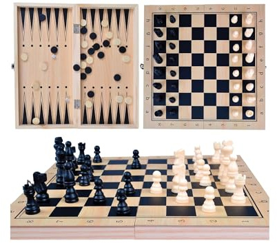 Przydasie 3-in-1 Schachspiel, Holzbrett Klappbar 34x34 cm, Braun | Holzbrett, strategische Brettspiele, für Kinder & Erwachsene, Schach, Dame, Backgammon, tragbar